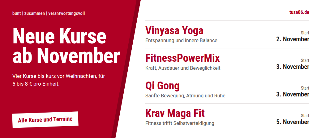 Neue Fitnesskurse ab November: Vinyasa Yoga, FitnessPowerMix, Qi Gong und Krav Maga Fit